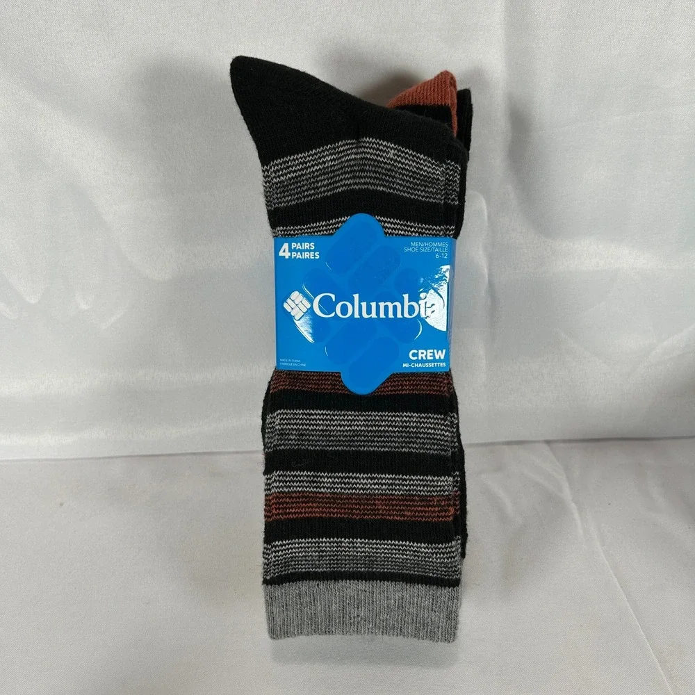 Columbia Mens Crew Socks 4 Pairs Wool Blend Geometric Striped Black Grey 6-12